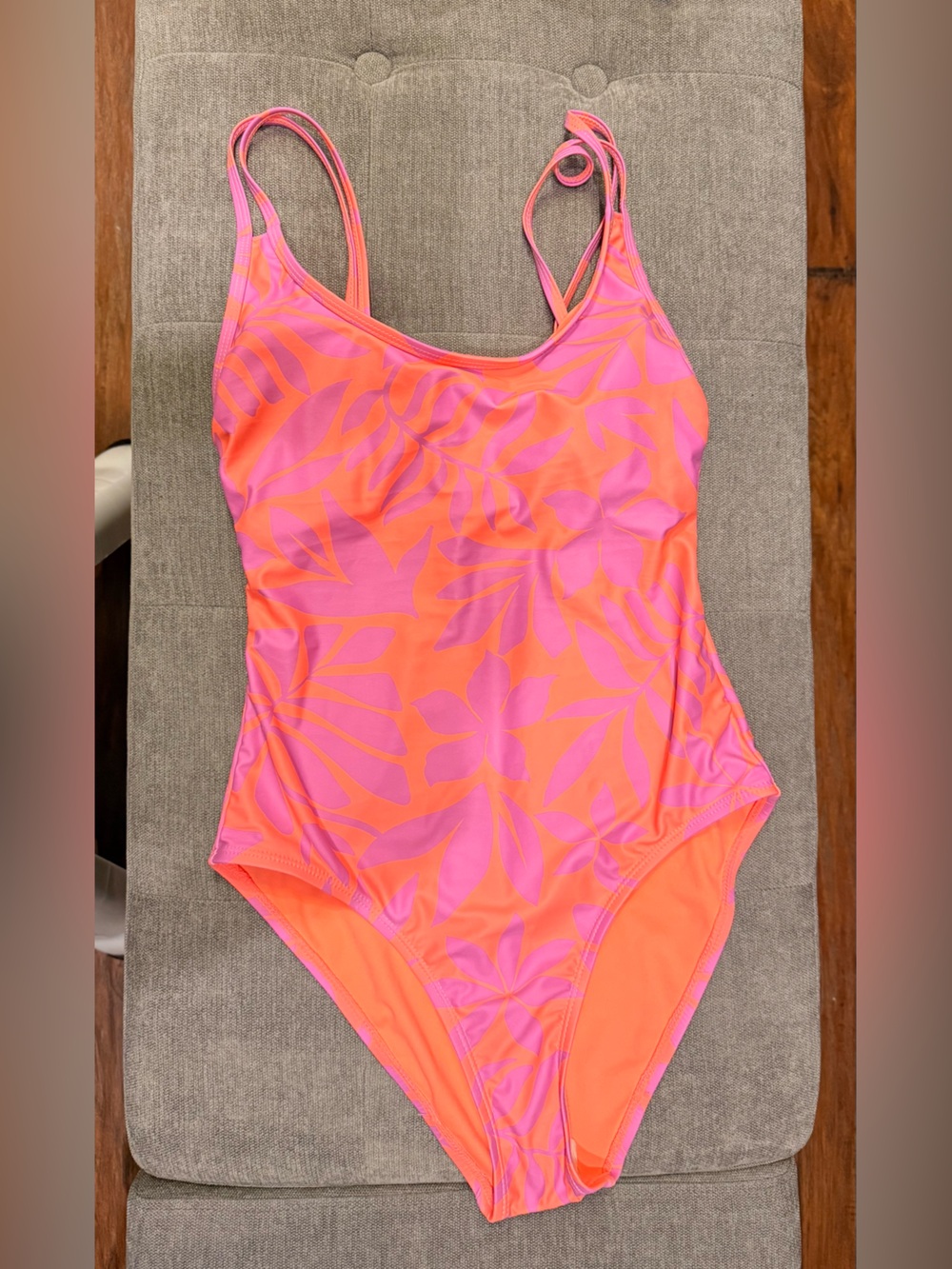 No Boundaries Neon Orange One-Piece with Pink Tropical Print
